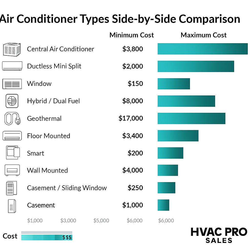 AC Types Comparison – Window, Portable, Mini Split, Central, Rooftop Air conditioner types side-by-side comparison chart